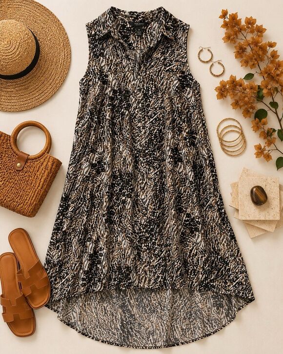Millennium Dresses & Skirts - Millennium 3X Animal Print Shirt Dress Swim Cover Up Brown Black Button Front